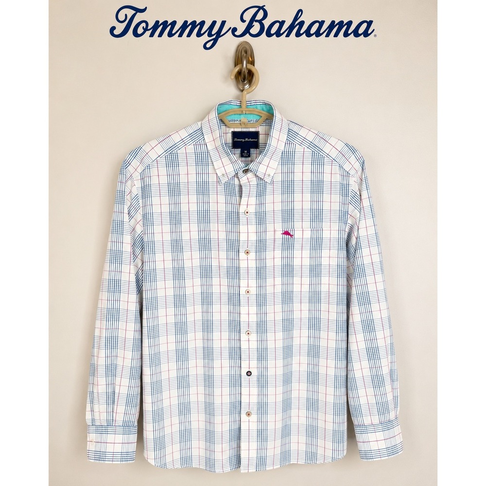 Tommy Bahama Mens Pima Cotton Plaid Long Sleeve Button Down Shirt Blue Pink M